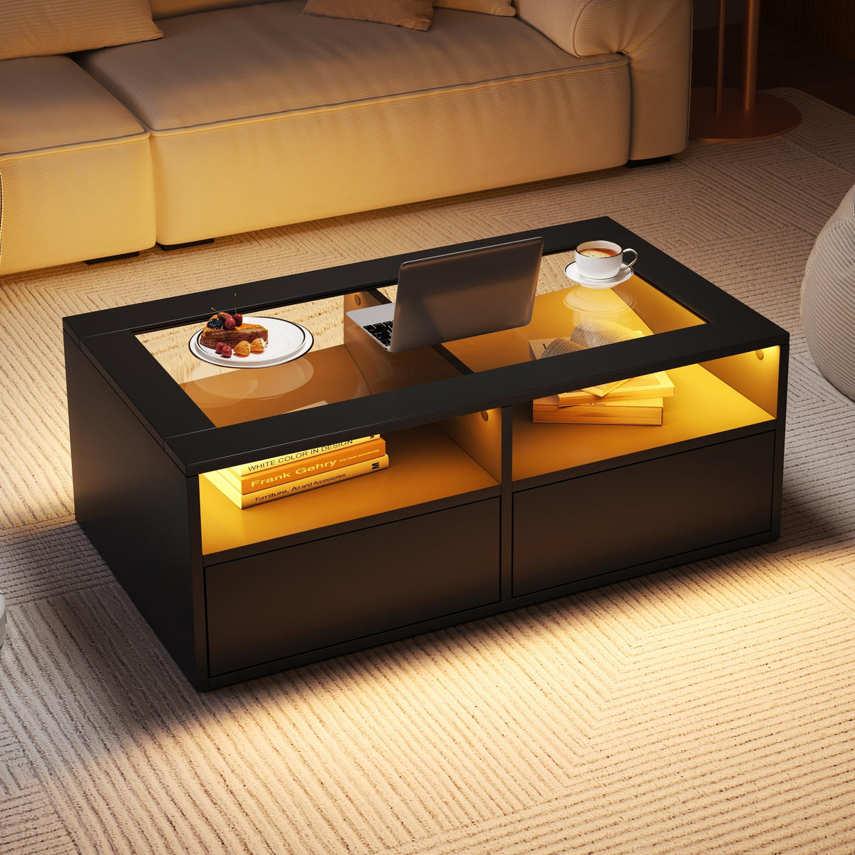 COUCHTISCH in Schwarz Wohnzimmertisch mit LED-Beleuchtung, Glasplatte, 2 Schubladen & offenem Stauraum, B100/T50/H35cm - Schwarz, Glas/Holzwerkstoff (50/100/35cm) - STILVORA