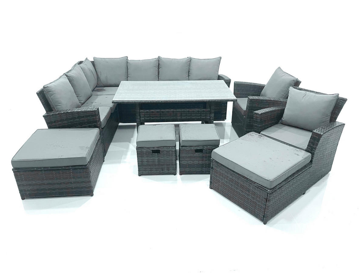 GARTENLOUNGE mit Ecksofa Polyrattan Dunkelgrau 12-Sitzer - Dunkelgrau/Grau, Glas/Kunststoff - Fimous
