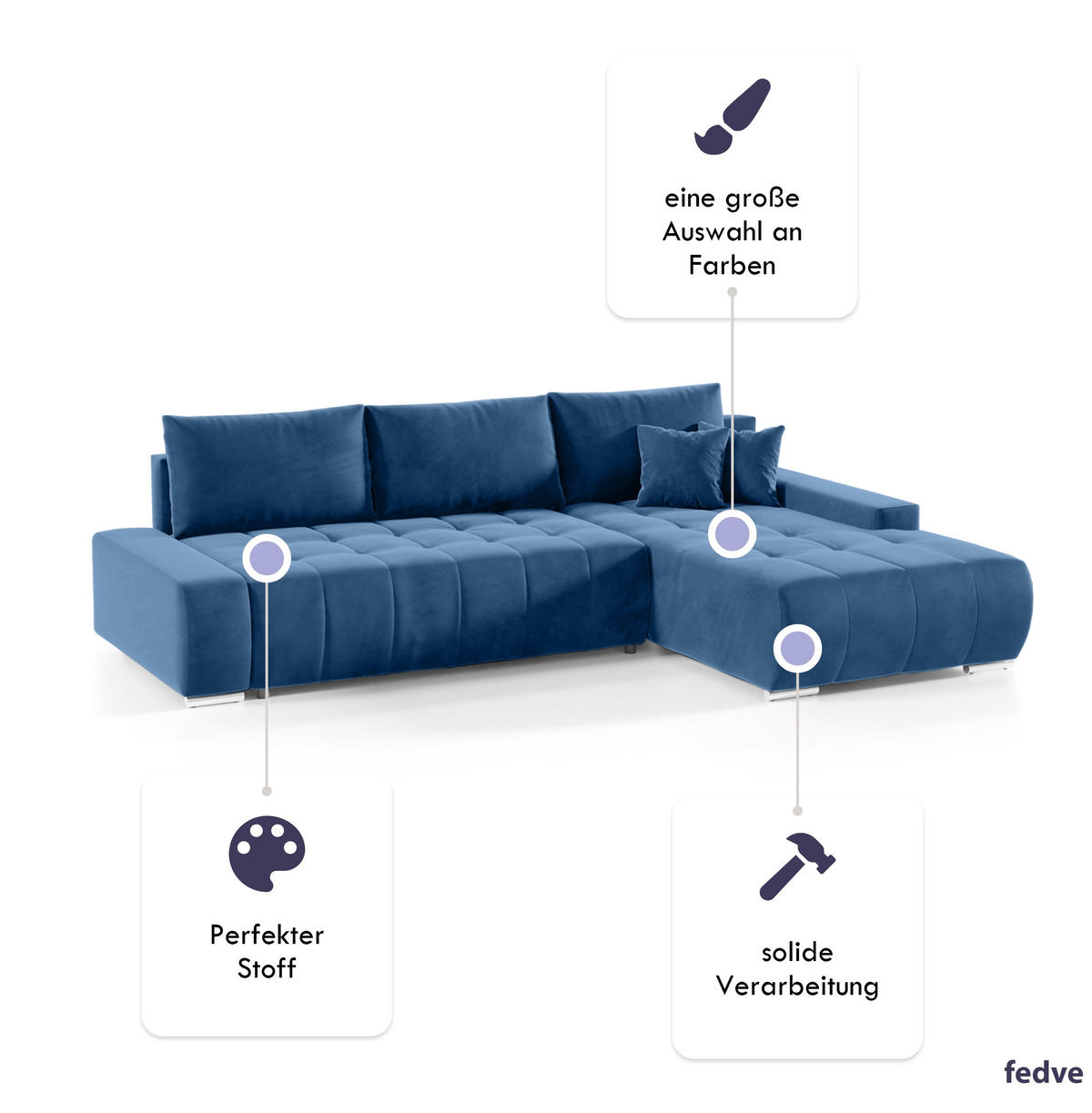 ECKSOFA mit Schlaffunktion Dhaka L, Dunkelblau - Blau, Textil (185/265cm) - Fedve