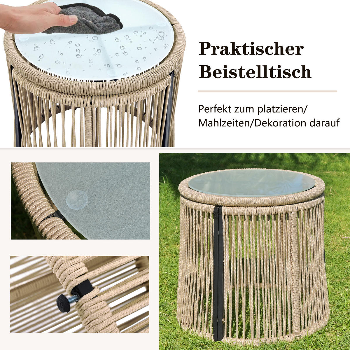 GARTENLOUNGE Set mit Eisengestell und beigem Seil LForm Gesprächsset mit Tisch Gewebtes Seil für Garten Terrasse Beige - Beige, Metall - FLIEKS