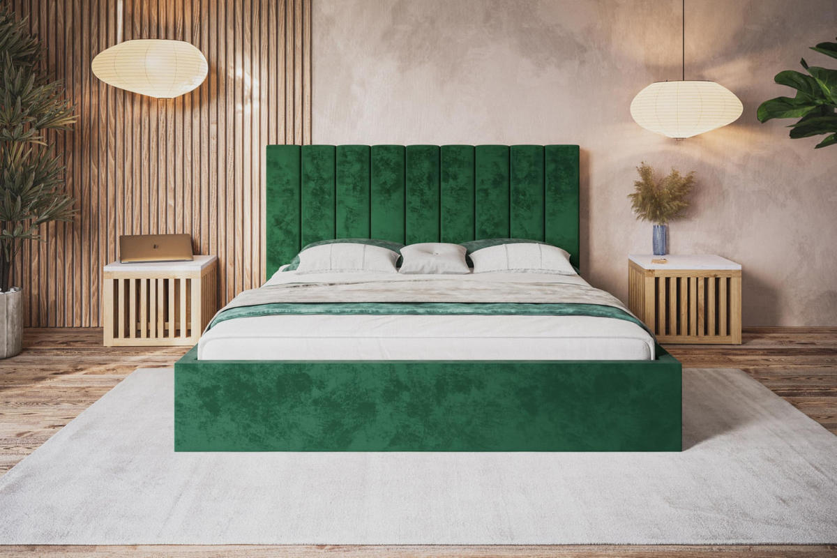 BETT 160x200 - Polsterbett mit Bettkasten und Metallrahmen - Modern Betten - Glatter Kronos-Stoff - Kollektion Sapporo - Grün - Grün, Holz/Textil (160/200cm) - Alpi-Möbel