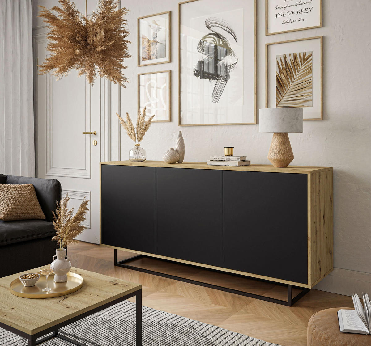 KOMMODE SANAYI II Eiche Artisan/Schwarz auf schwarzem Gestell - Schwarz, Holzwerkstoff (153.9/75/39.6cm) - Lookway