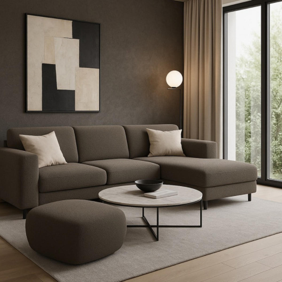 POUF Taupe LIO Bezogene Abriamo Stoff Auf Niedrigen Schwarzen Beinen - Braun, Textil (75/39/75cm) - Sepro Meble