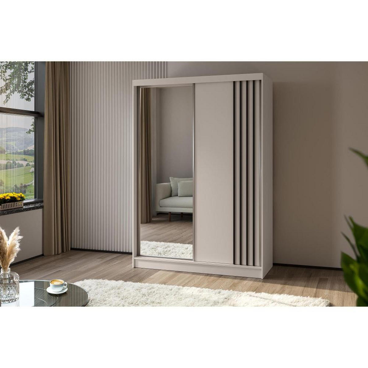 SCHWEBETÜRENSCHRANK Nela 120/216/61 kaschmir+schwarz mit Schubladeneinsätze - Kaschmir, Holzwerkstoff (120/216/61cm) - Beautysofa