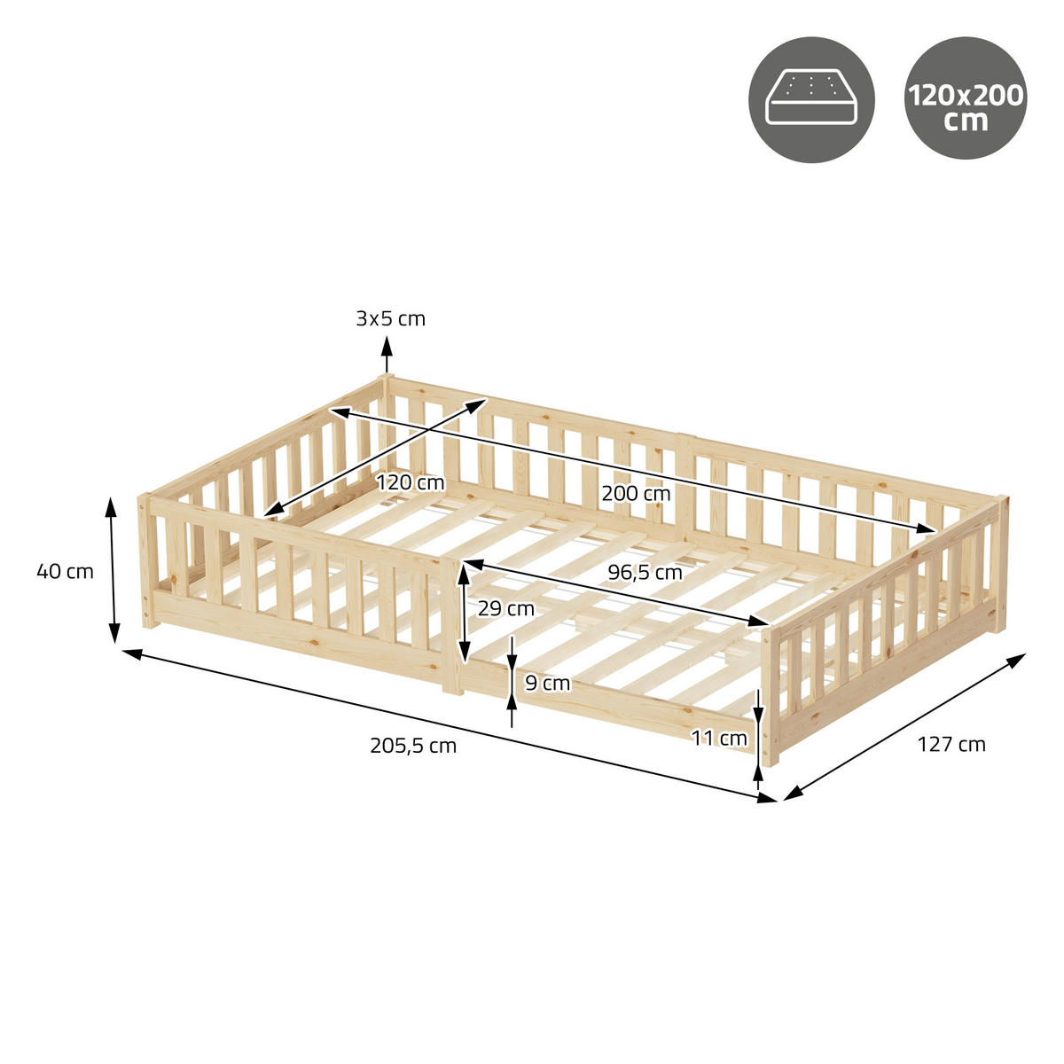 KINDERBETT 120x200 cm Natur aus Kiefernholz - Naturfarben, Holz (200/120cm) - ML-DESIGN