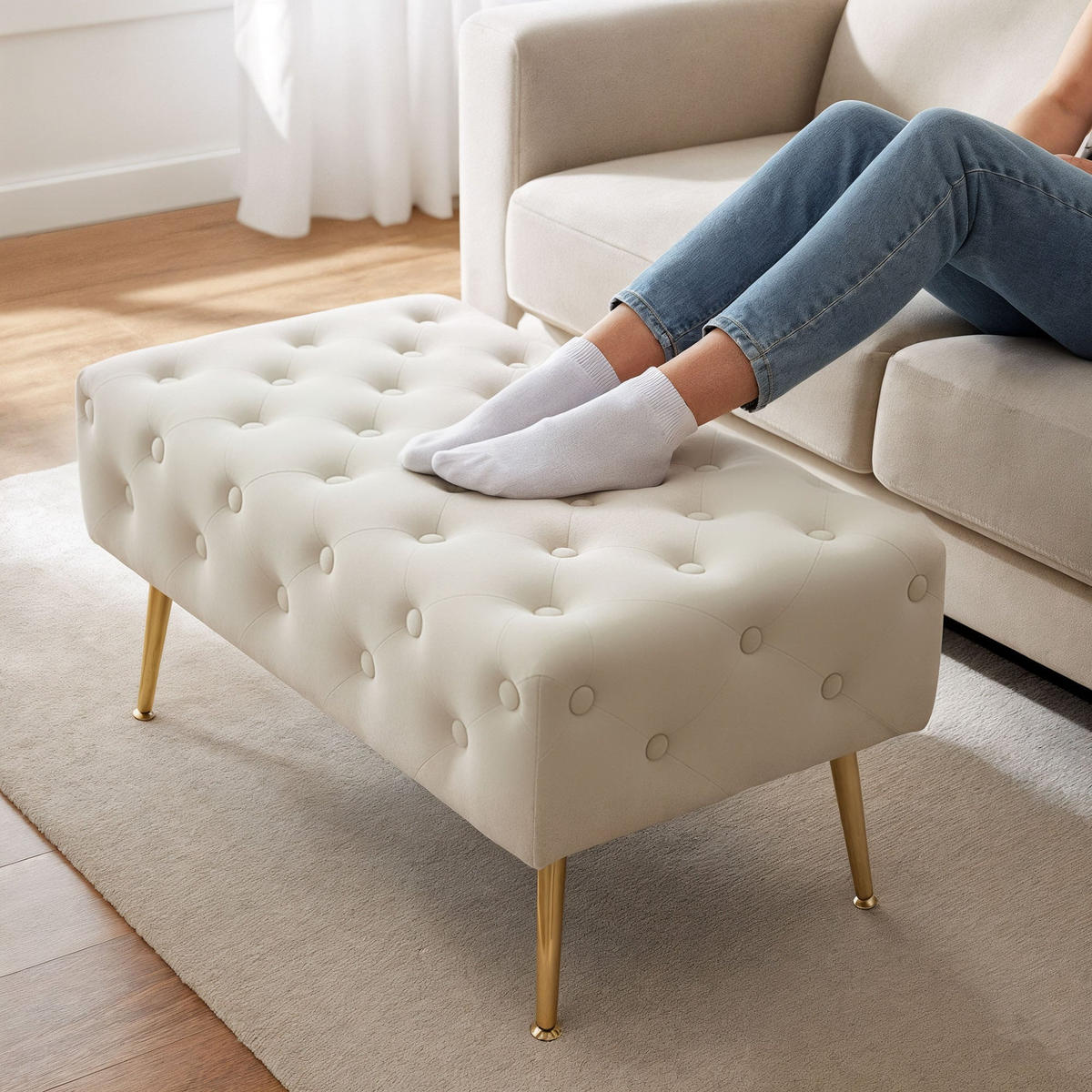 POLSTERBANK mit Samt - Optik Beige 42/41/42 - Beige, Textil (42/41/42cm) - RAUMHIRSCH FURNITURE