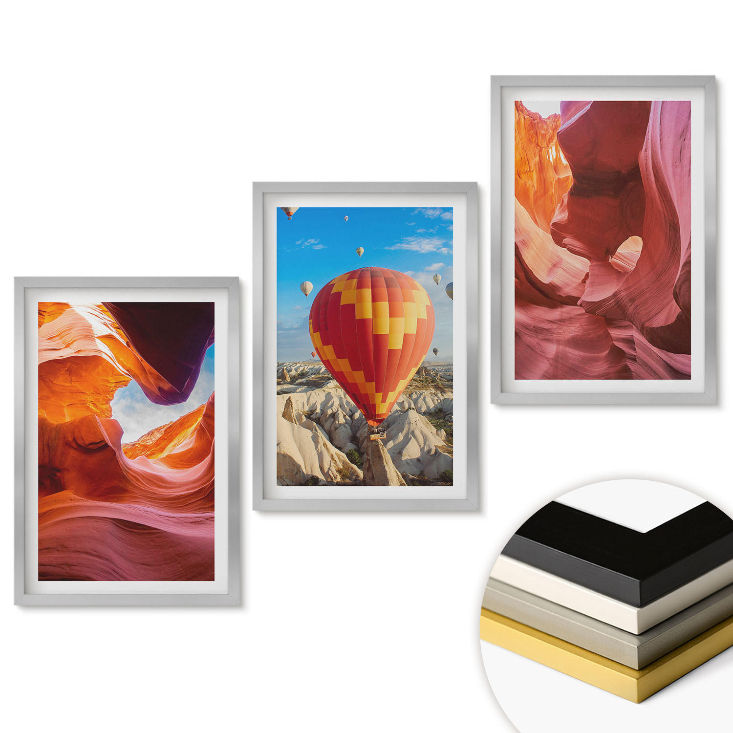 WANDBILDER 3er Set - 40x60 cm Silberner Rahmen - Wüstenschluchten aus der Ballonfahrt - Silberfarben, Kunststoff (40/60cm) - ArtPrintCave