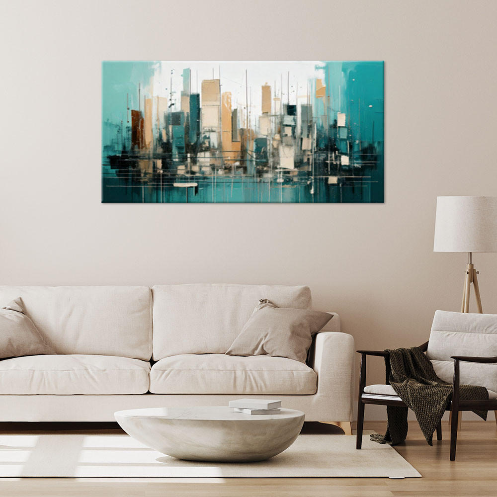 LEINWANDBILD Stadt Abstraktion Geometrisch 100x50cm - Türkis, Textil (100/50cm) - Feeby