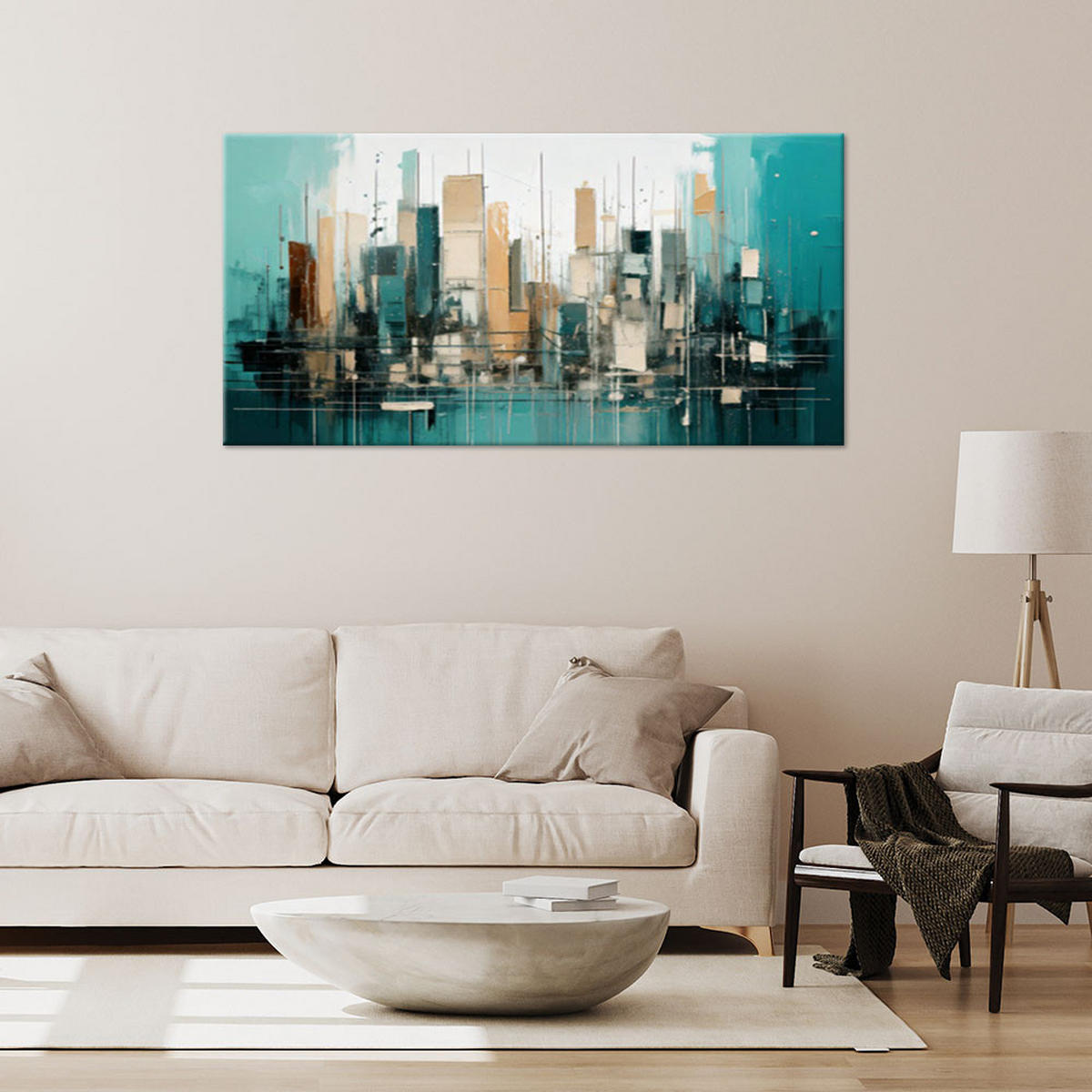 LEINWANDBILD Stadt Abstraktion Geometrisch 100x50cm - Türkis, Textil (100/50cm) - Feeby