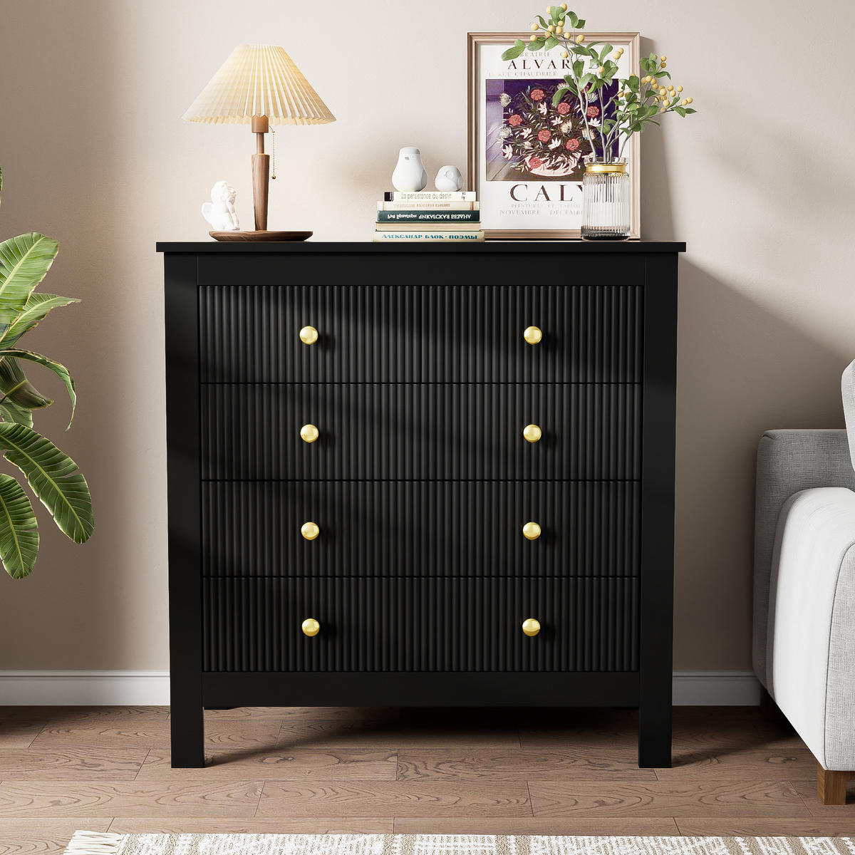 SIDEBOARD Goldgriffe multifunktional - Schwarz, Holzwerkstoff (79/80.05/39.5cm) - LEBENLANG