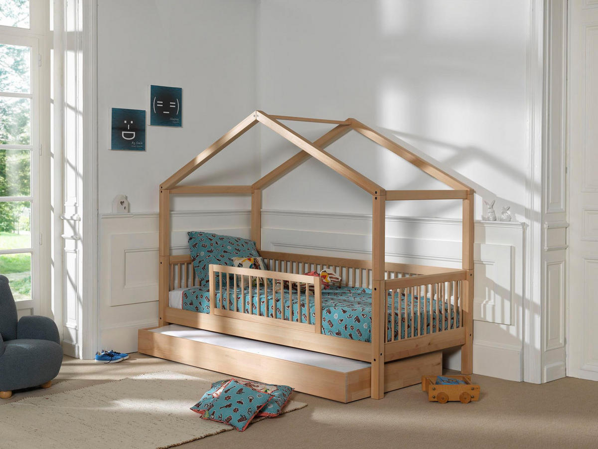 HAUSBETT Kelci 90x200 Bettschublade Absturzschutz Buche massiv natur - Buchefarben, Holz (90/200cm) - 58aufmkessel