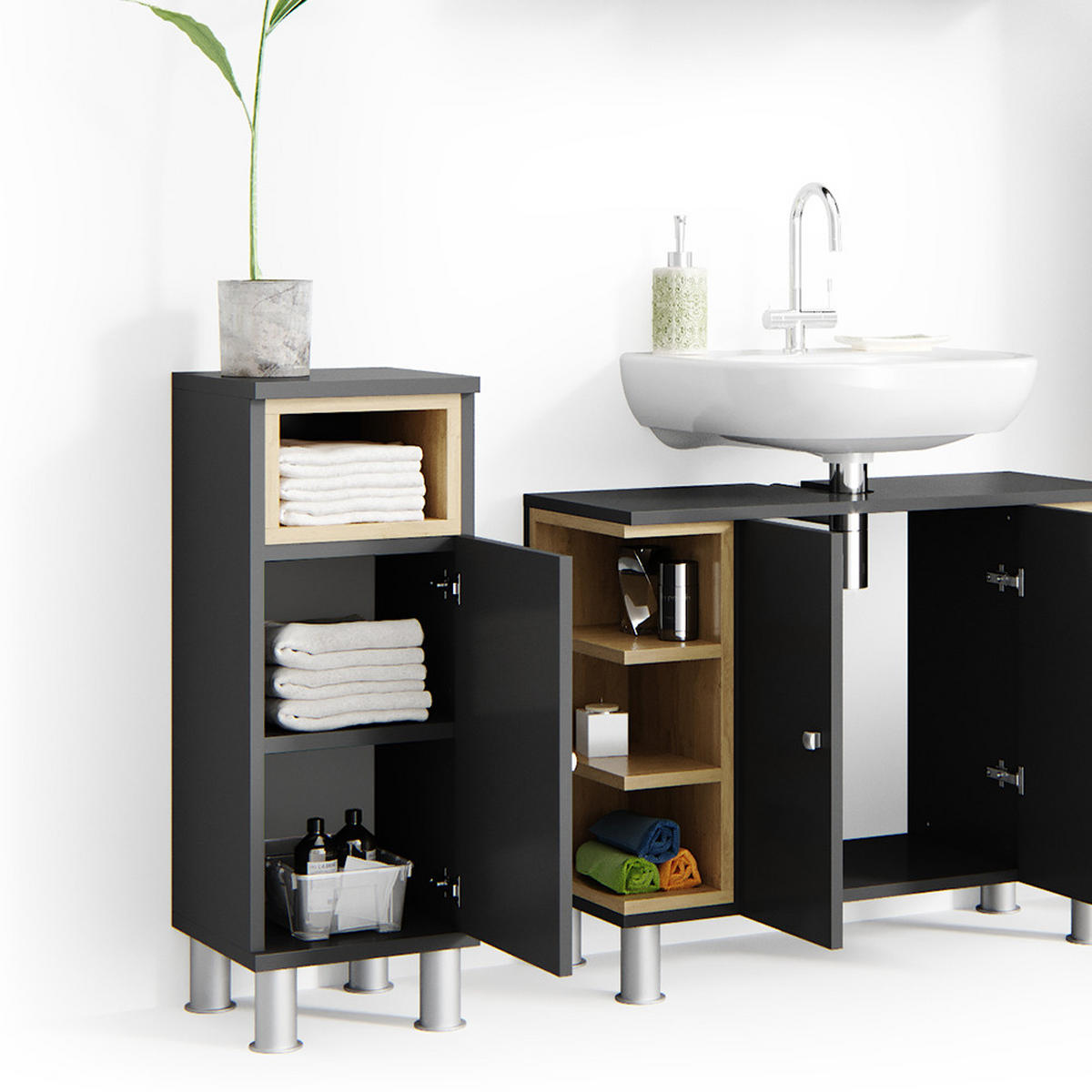 BADMÖBEL-SET Aquis Anthrazit 3 Teile - Anthrazit/Sonoma Eiche, Holzwerkstoff (79.6/64/32cm) - Vicco