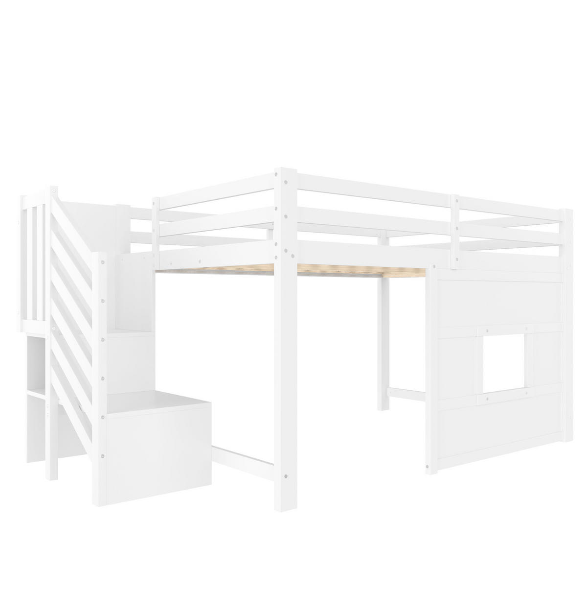 HOCHBETT 140/200 cm in Weiß mit Stauraumtreppe, Fenster und LED-Beleuchtung - Weiß, Holzwerkstoff (140/200cm) - Flora Grace