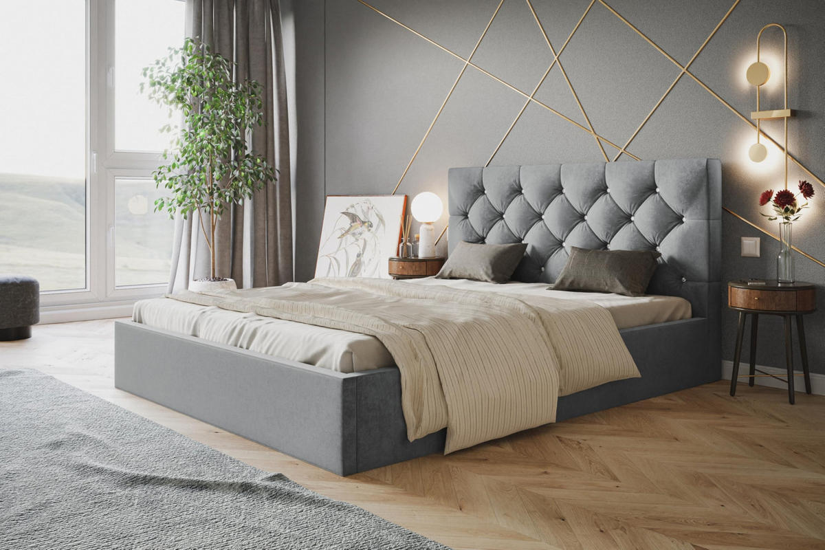 BETT 160x200 - Polsterbett mit Bettkasten und Holzrahmen - Elegant Betten - Weicher Jasminstoff - Kollektion Boston, Grau - AlpiMeble - Grau, Holz/Kunststoff (160/200cm) - Alpi-Möbel