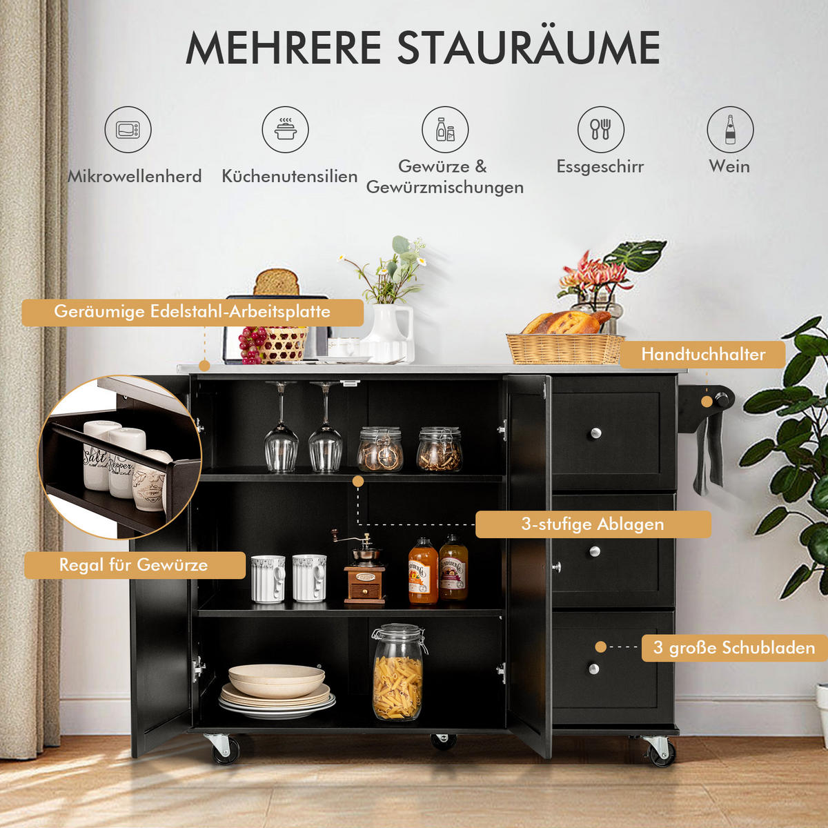 KÜCHENINSEL Schwarz - Schwarz, Holz (46/92/135cm) - COSTWAY