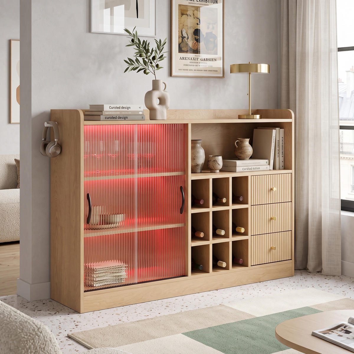 SIDEBOARD Holzoptik mit LED, Glas-Schiebetüren, Weinregal & 3 Schubladen - Naturfarben, Holzwerkstoff (120/85/30cm) - Urban Meuble