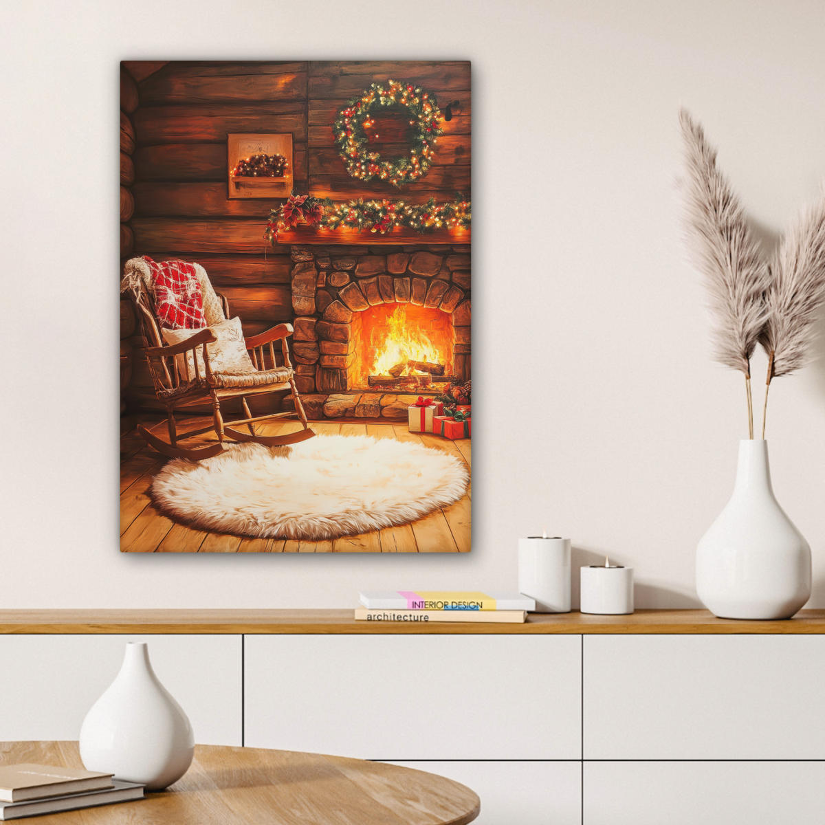 LEINWANDBILD Winter - Weihnachten - Zuhause - Kamin 60x80 cm - Bernsteinfarben, Textil (60/80cm) - MuchoWow