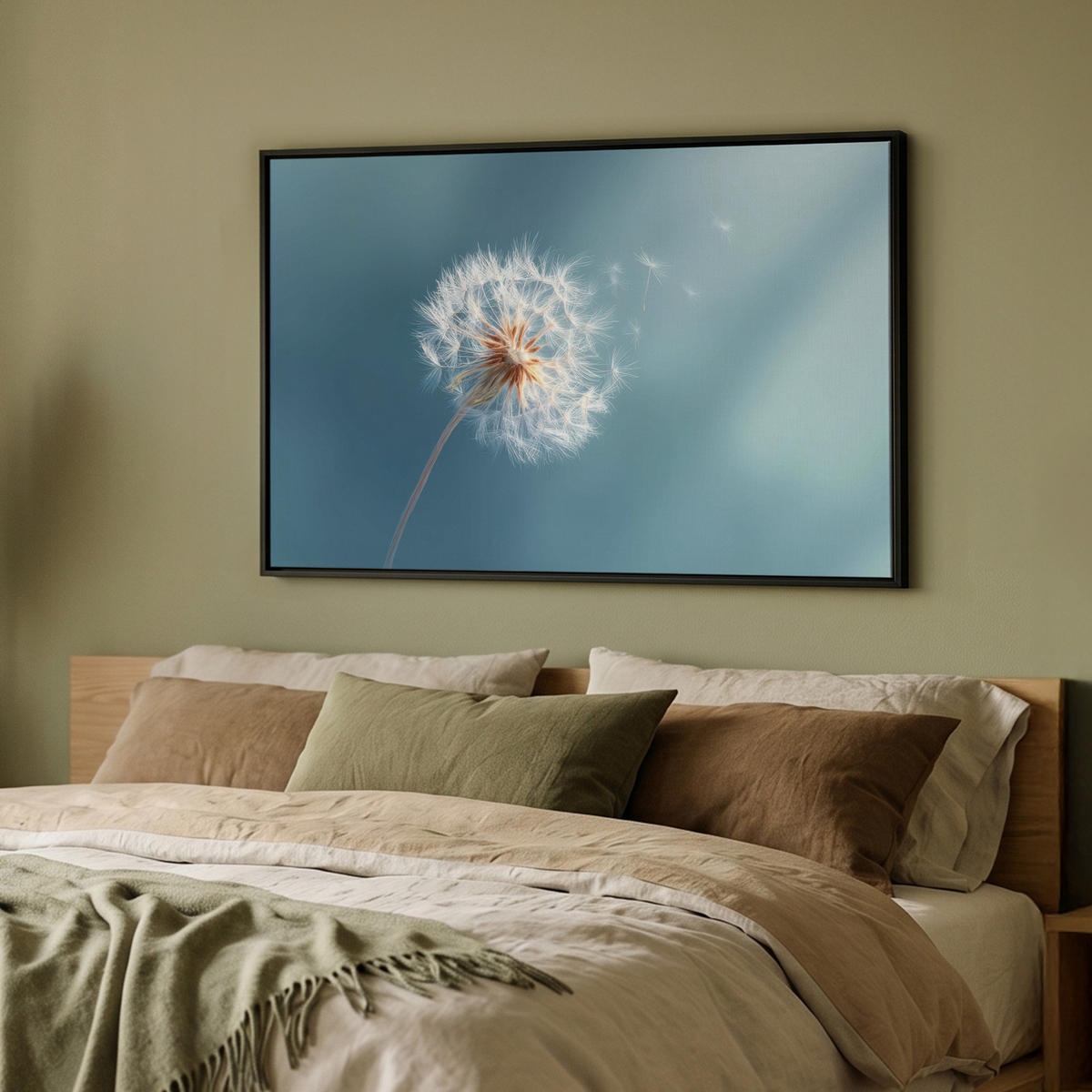 LEINWAND Bilder mit Rahmen - Löwenzahn - Wind - Blau - 90x60 - Blaugrau, Textil (90/60cm) - MuchoWow