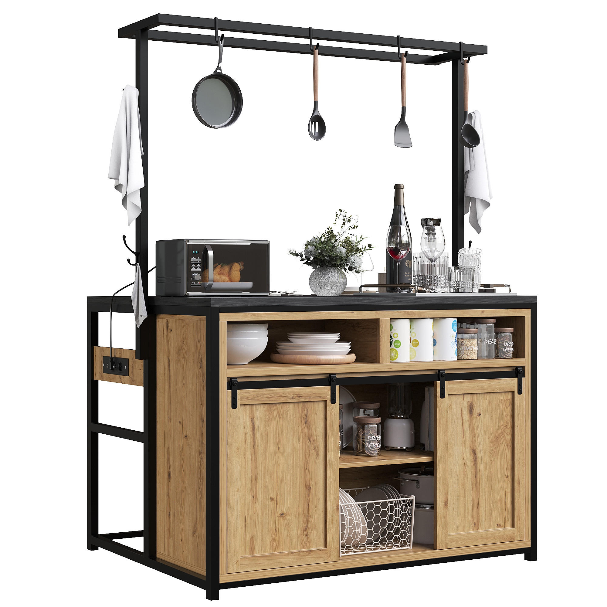 BUFF&Eacute; i tr&auml;look k&ouml;kssk&aring;p med v&auml;ggsk&aring;p, b&auml;nkskiva och eluttag, 107/62/183 cm, f&ouml;r k&ouml;k och matplats Naturf&auml;rgad 183/107/62 cm