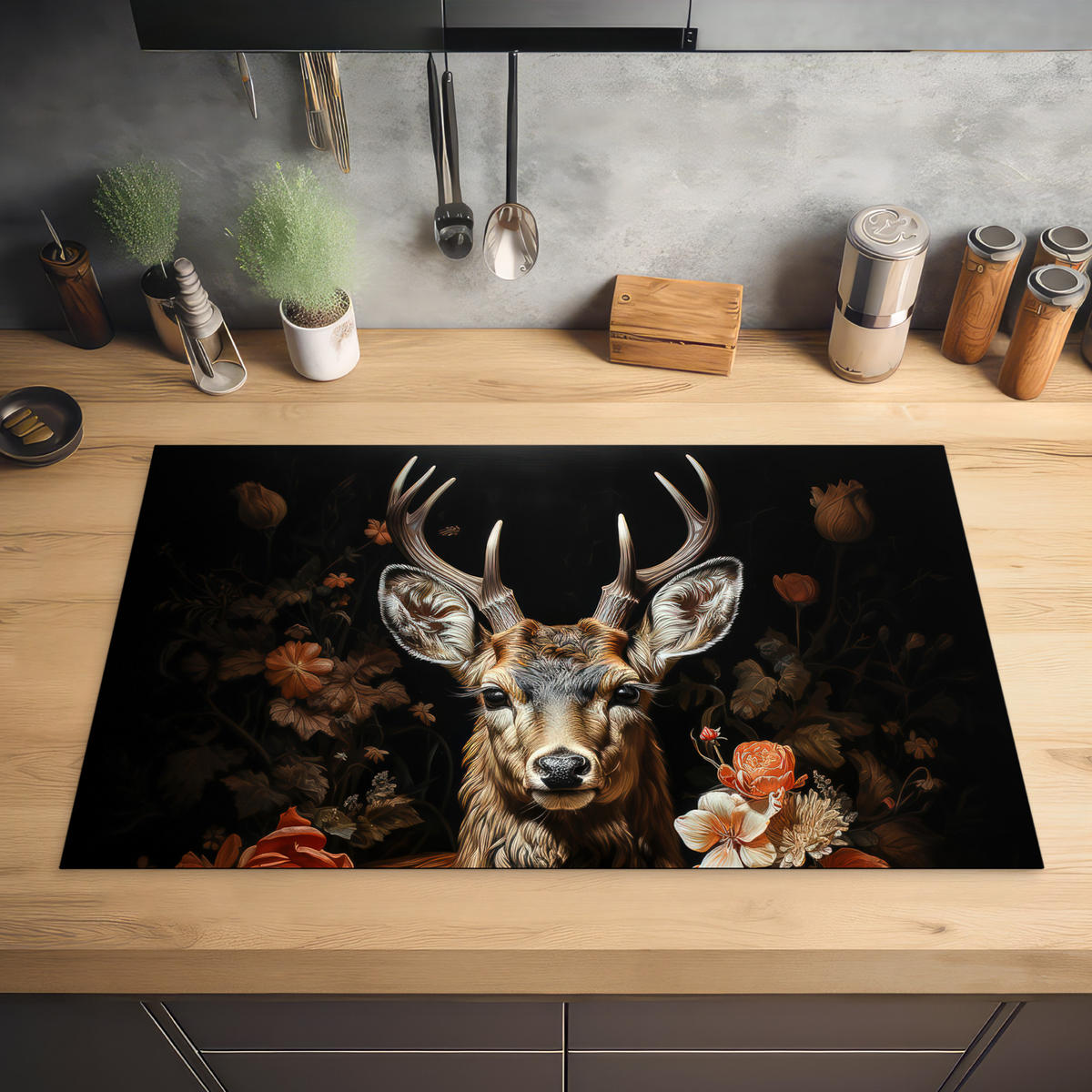 HERABDECKPLATTE - Hirsch - Tier - Blumen - Natur - Botanisch - 80x50 - Kupferfarben, Kunststoff (80/50/0.2cm) - MuchoWow