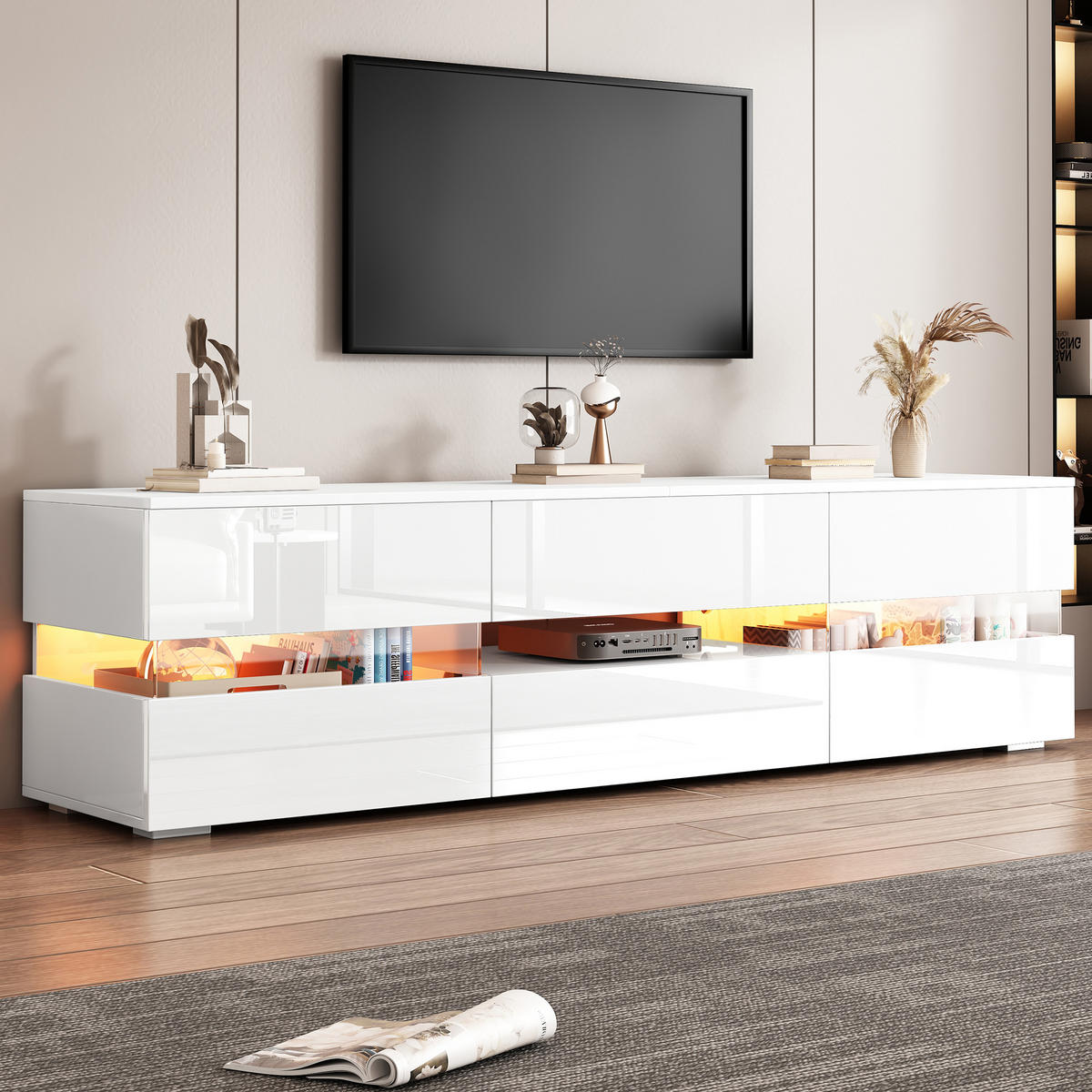 TV-SCHRANK 160/39/45 cm Weiß Hochglanz mit LED und 2 Türen - Weiß, Holzwerkstoff (160/45/39cm) - Oxeza