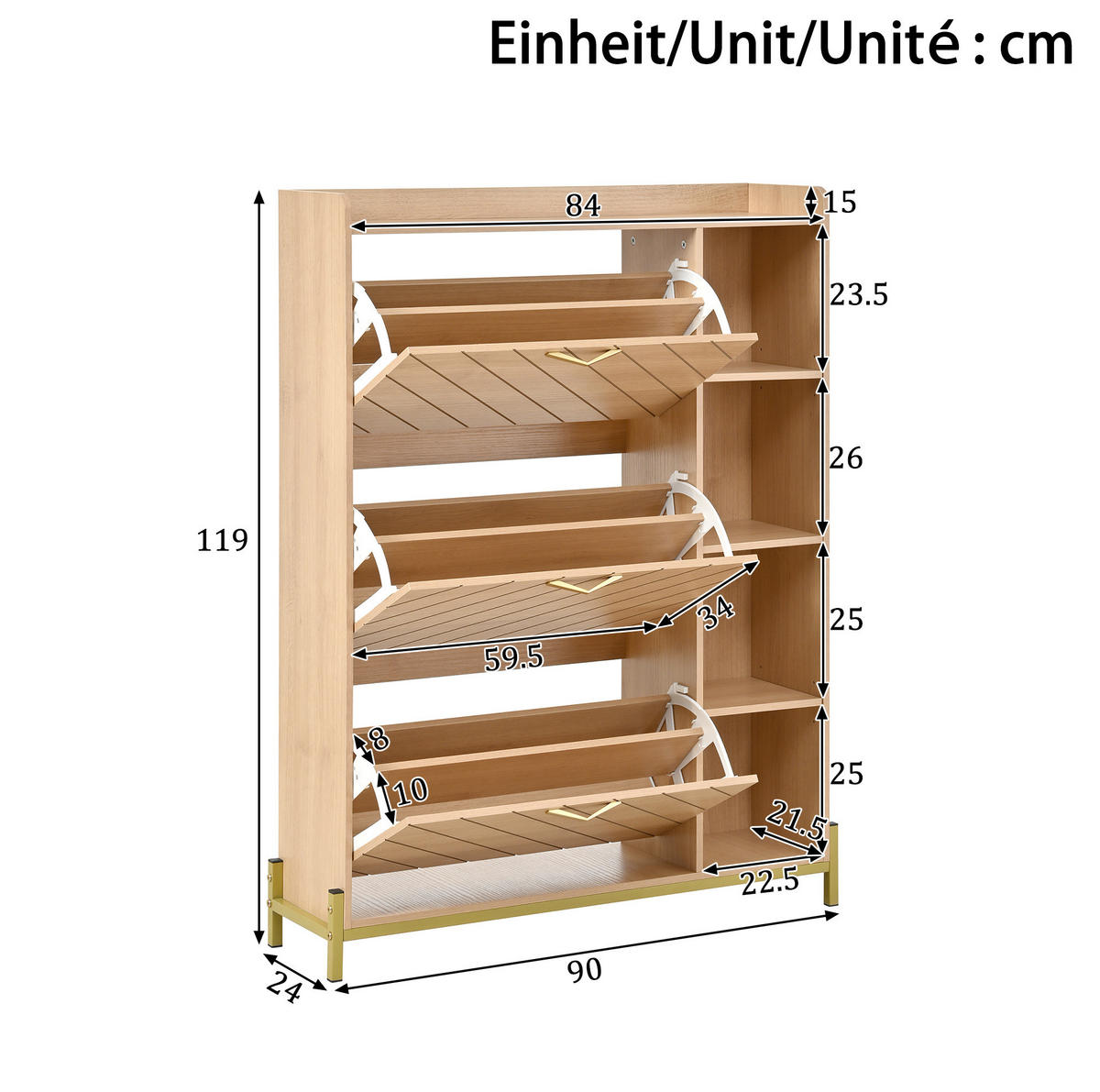 SCHUHSCHRANK mit Klapptüren 90 x 24 x 119 cm MDF Natural - Naturfarben, Holz (24/119/90cm) - Beauniv