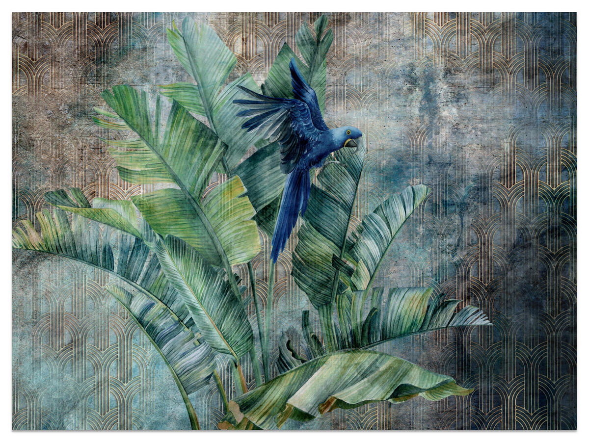 FOTOTAPETA Pre Obývaciu Izbu Retro Papagáj Tropické Listy 250 x 175 cm - hnedá/modrá, papier (250/175cm) - Muralo