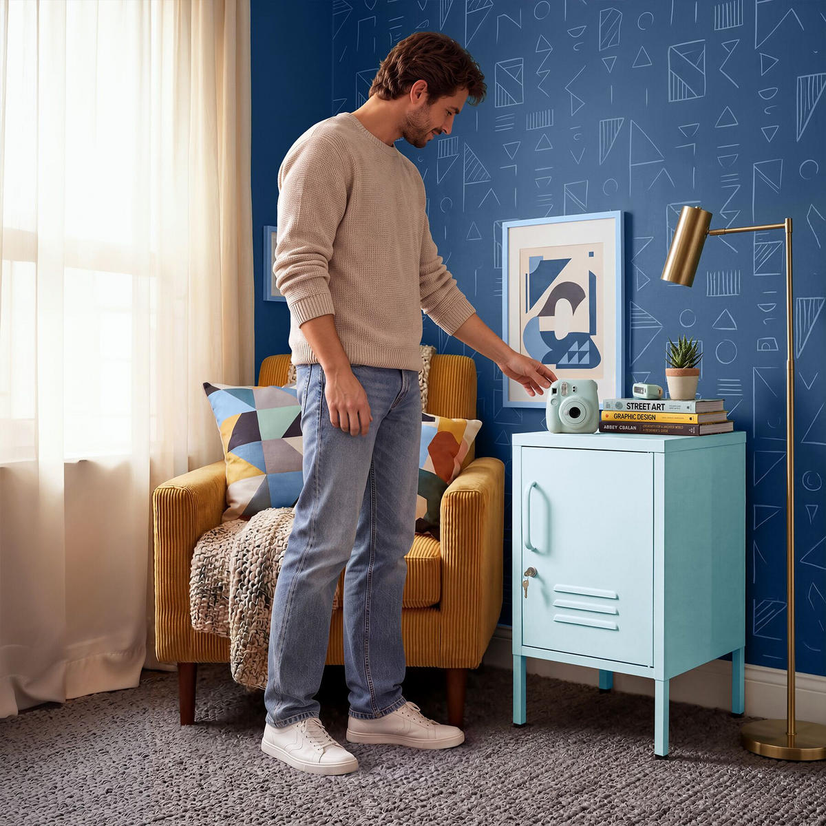 NACHTSCHRANK Baker, Kippschutz, höhenverstellbare Füße, grau/blau - Blau/Grau, Metall (35/60.5/42.5cm) - tectake