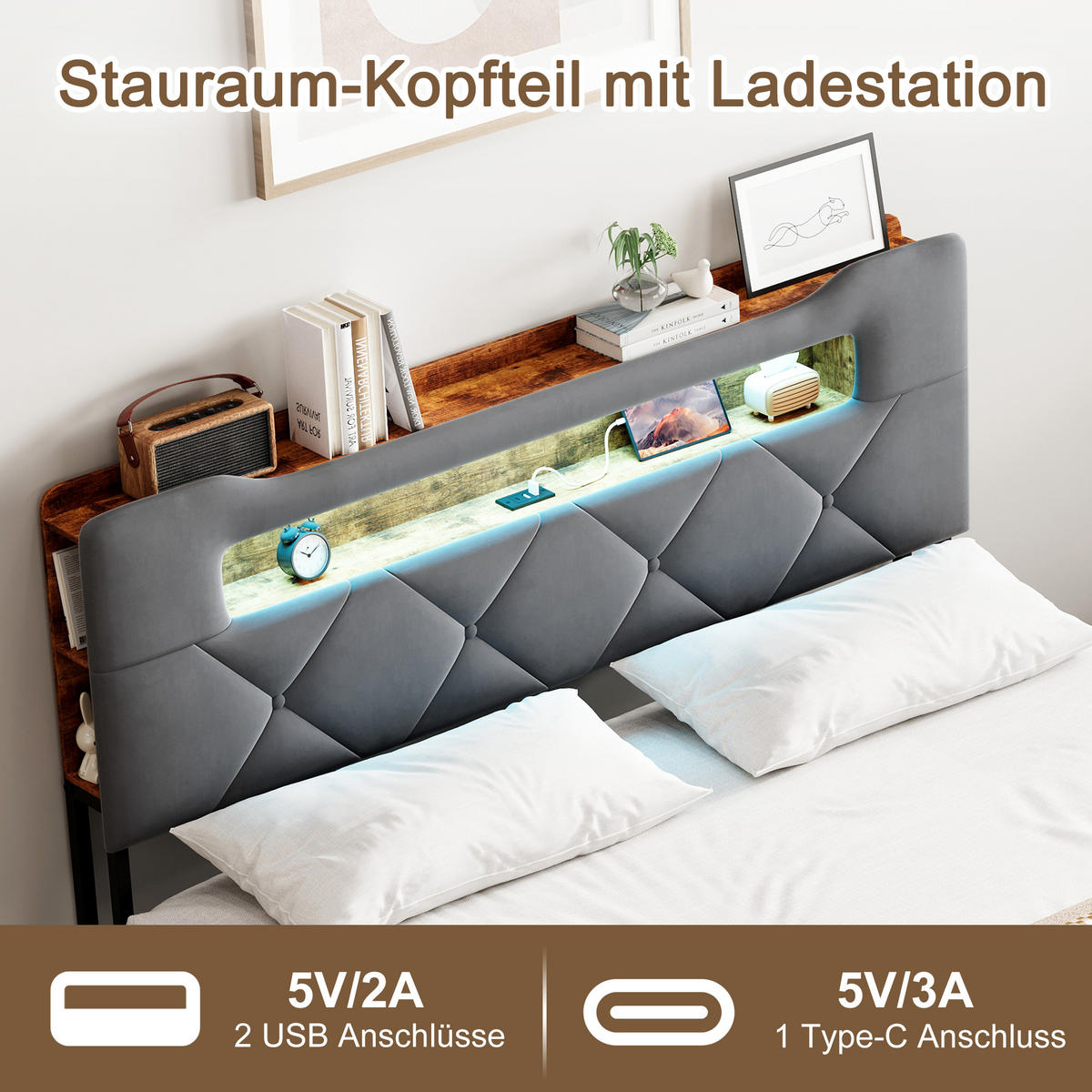 POLSTERBETT 140×200cm Grau, Samt, USB, 4 Schubladen, Stauraum - Grau, Metall (140/200cm) - SHOPENTRA