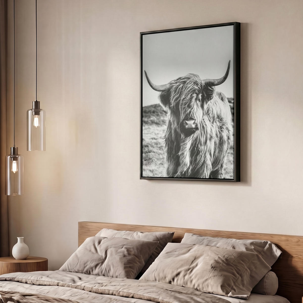 LEINWAND Bilder mit Rahmen - Kuh - Schottischer Hochländer - Schwarz - Weiß - Tier - Natur - Wildtiere - 50x70 - Schwarz, Textil (50/70cm) - MuchoWow