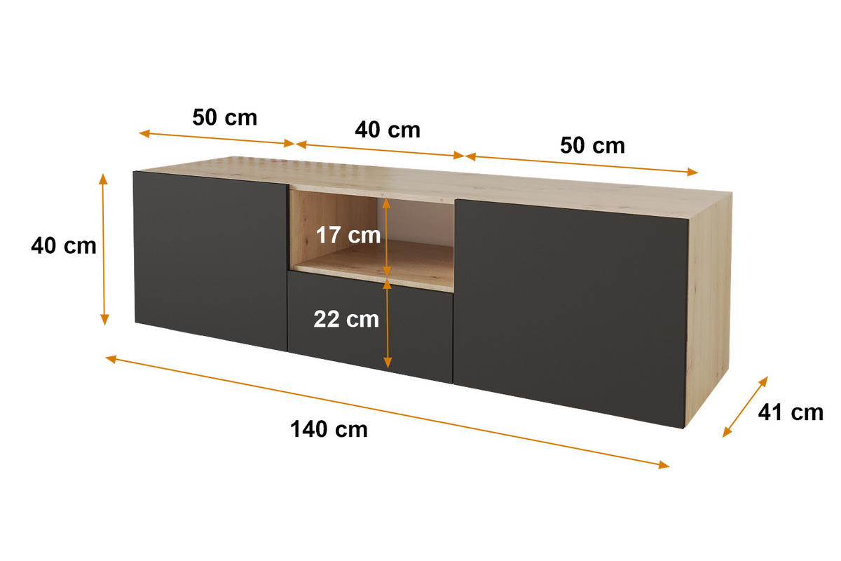 LOWBOARD ELIO-W 140x40x41 cm - Artisan / Schwarz - Eiche Artisan, Holzwerkstoff (140/40/41cm) - ALTDECOR