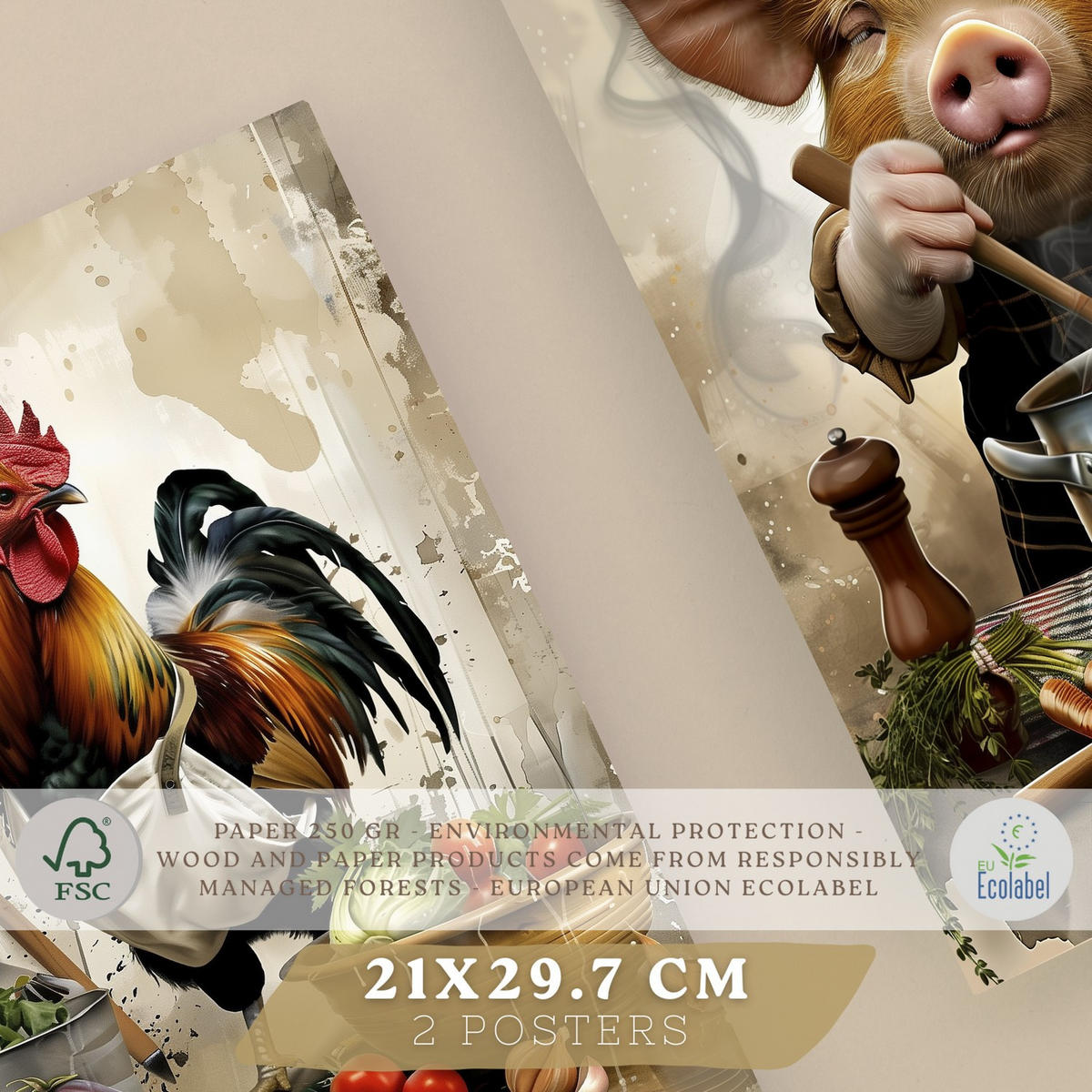 PLAKAT Sada 2 Animal Chef A4 bez rámu - čirá, papír (29.7/1/21cm) - Nacnic