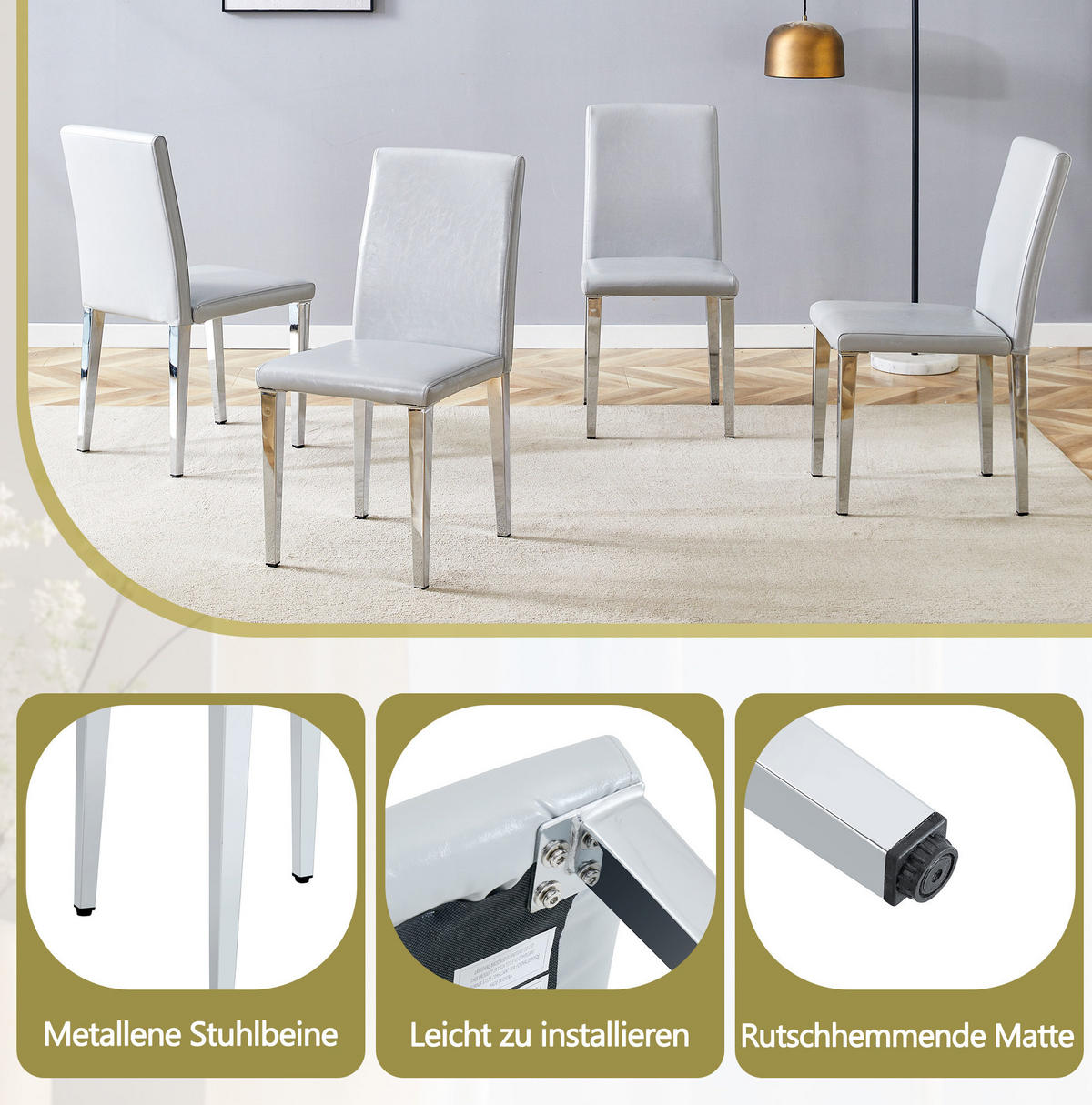ESSZIMMERSTUHL 4er-Set PU-Bezug Metallbeine Hellgrau Silber - Hellgrau, Metall (47/90/41cm) - Meubliv
