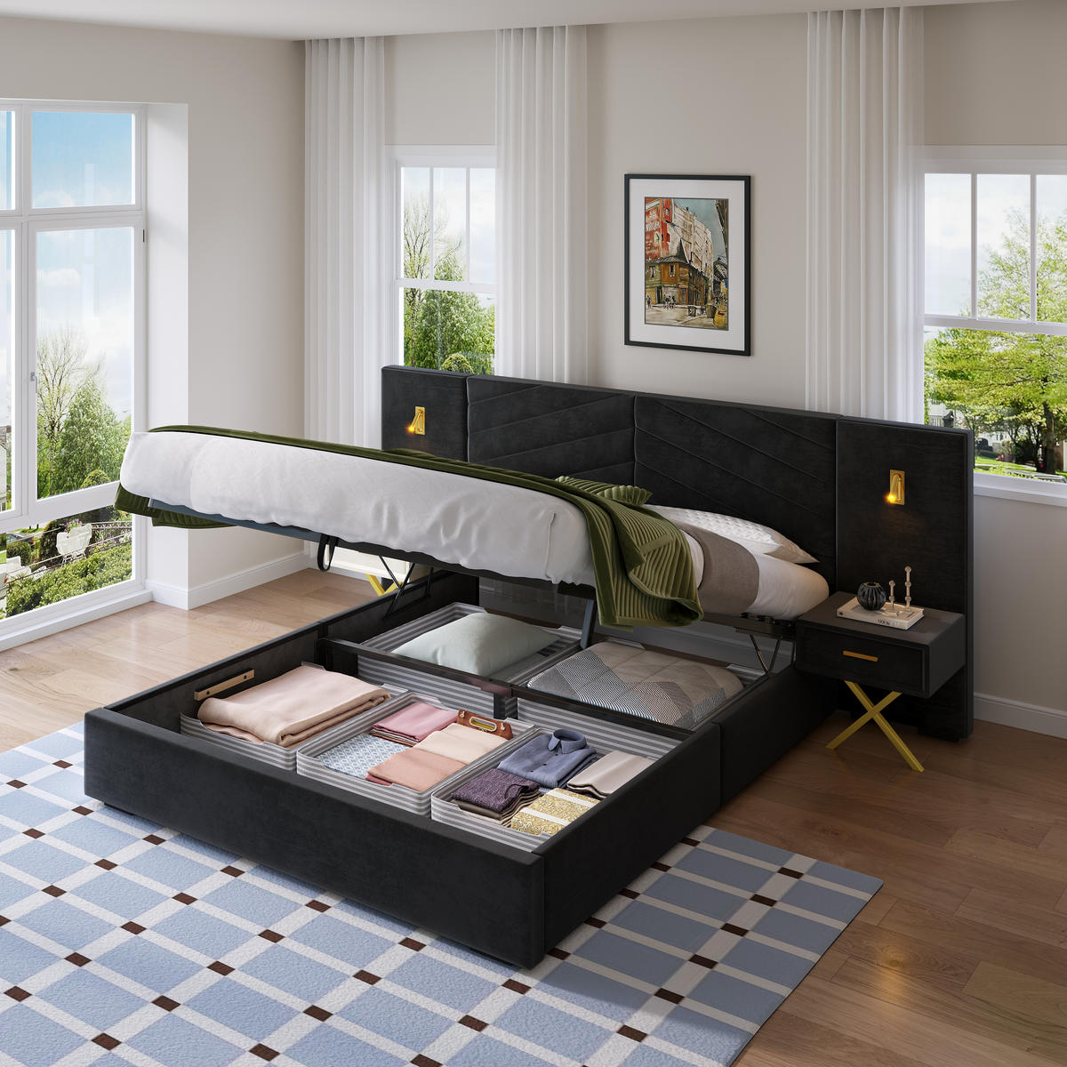POLSTERBETT 160/200 cm Schwarz mit 2 Bettbänke und 2 LED-Leuchten - Schwarz, Holz (160/200cm) - Oxeza