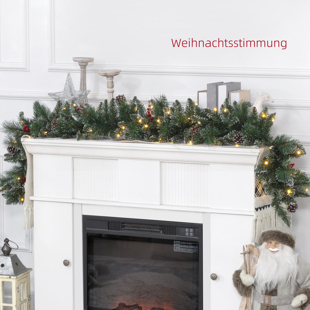 1,8 m künstliche Weihnachtsgirlande mit Lichterkette Blumendekoration Grün - Grün, Kunststoff/Metall (180cm) - HOMCOM