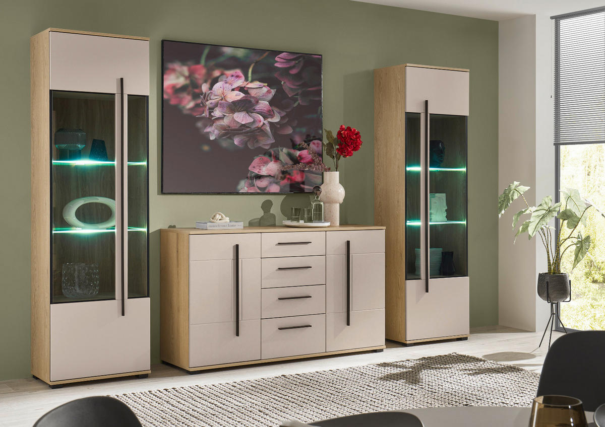 WOHNWAND Kaschmir, Eiche 3-teilig 290 cm, Wohnzimmer Set mit Soft-Close - Kaschmir/Eichefarben, Glas/Holzwerkstoff (290/200/42cm) - Furn.Design