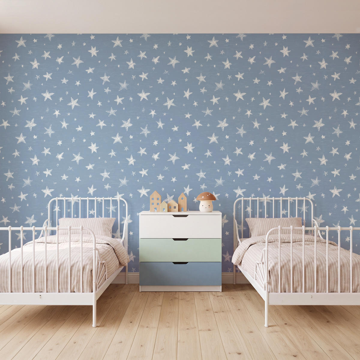 KINDERTAPETE - Sterne - Muster - Blau - 400x280 cm - Hellblau, Papier (400/280cm) - OnlyWow