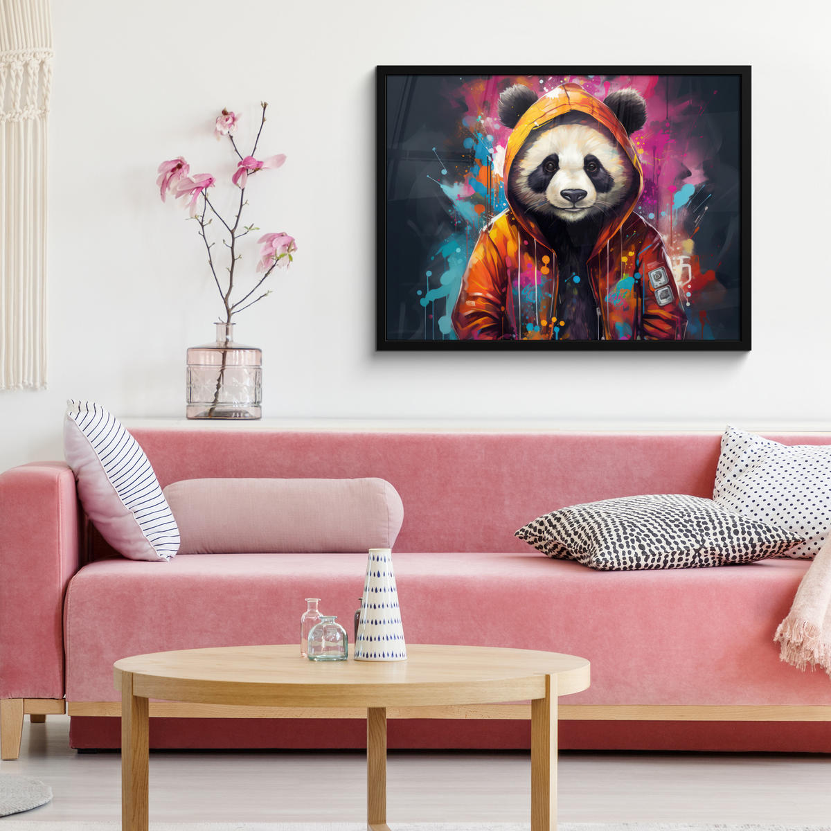 POSTER MIT RAHMEN Panda - Jacke - Graffiti - Orange 80x60 cm - Orange, Papier (80/60cm) - MuchoWow