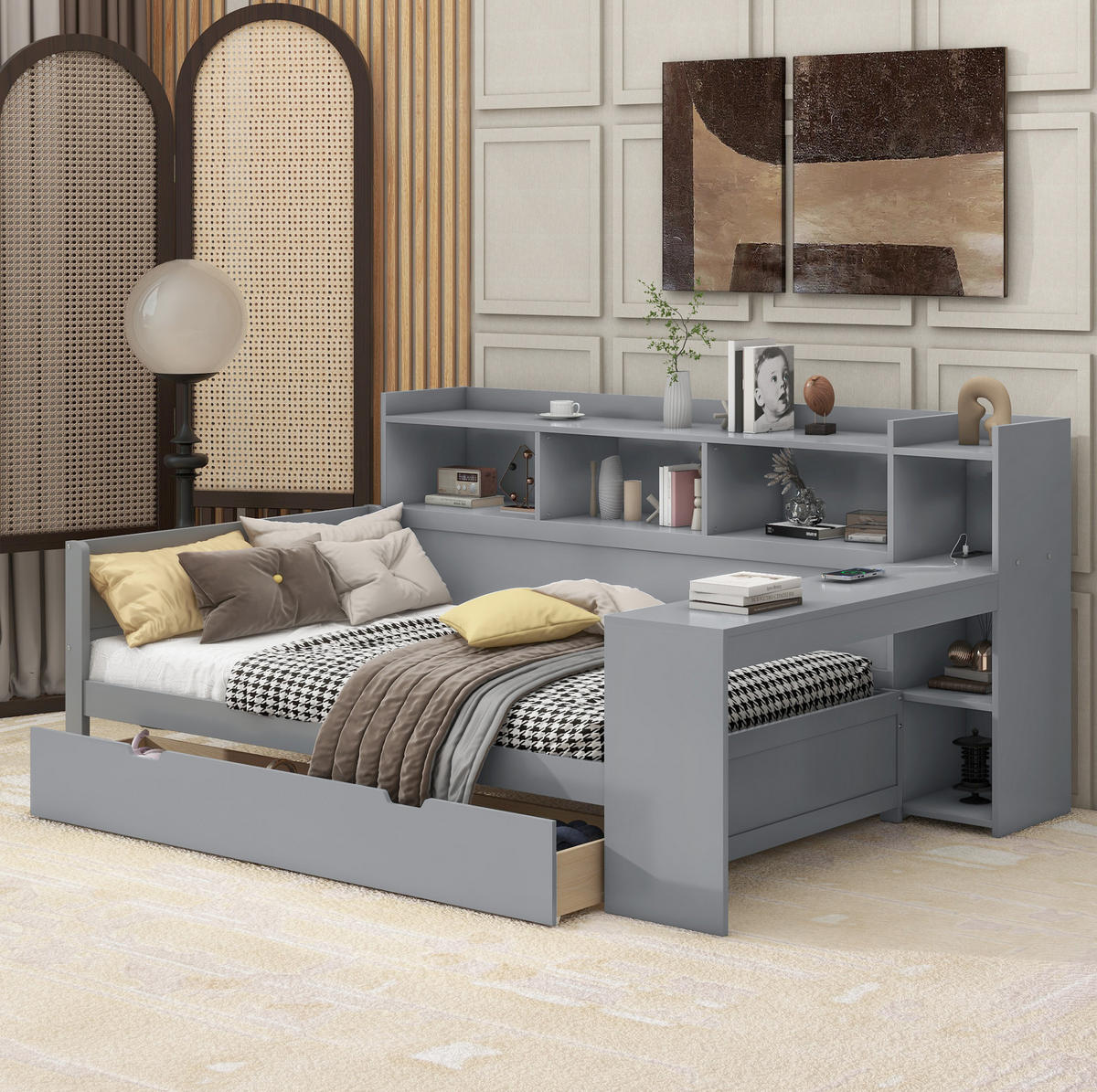 MULTIFUNKTIONSBETT 90/200 cm mit Nachttischablage Schreibtisch und USB-Anschluss Grau - Grau, Holzwerkstoff (90/200cm) - OKWISH