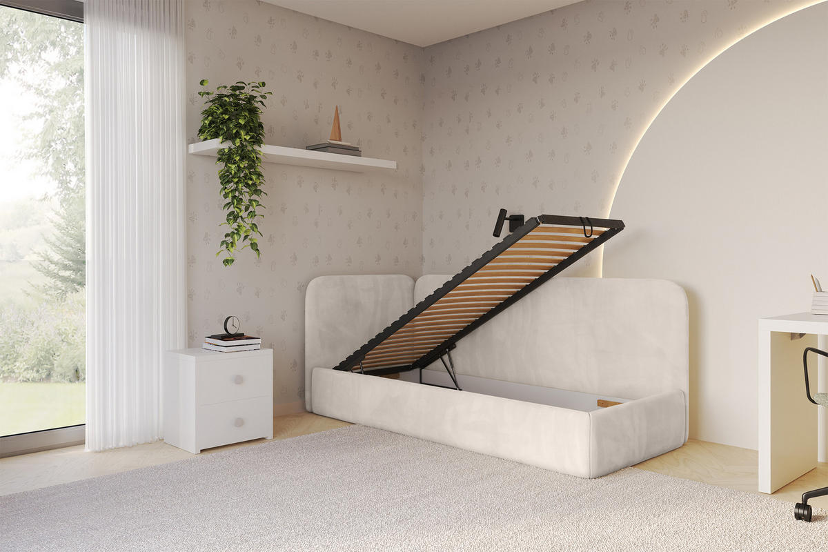 EINZELLBETT Jugendbett mit Bettkasten und Matratze H3/H4, Rechts - ELSY 80x200 Beige - Sandfarben, Holzwerkstoff/Textil (80/200cm) - ALTDECOR