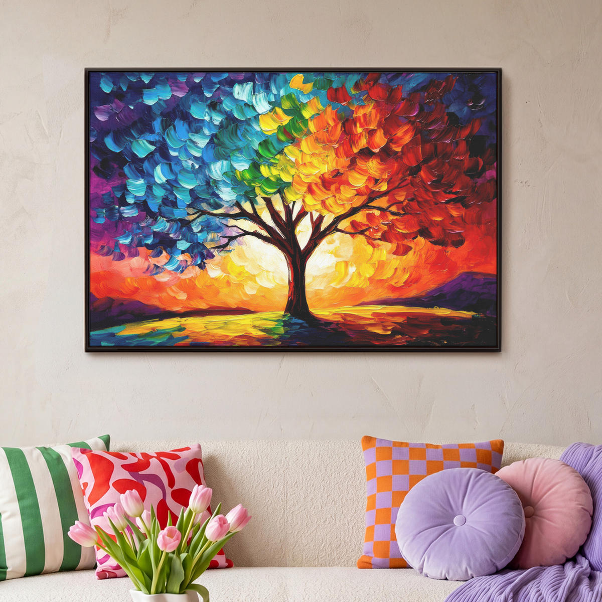 LEINWAND Bilder mit Rahmen - Baum - Kunst - Natur - Sonnenuntergang - 90x60 - Multicolor, Textil (90/60cm) - MuchoWow