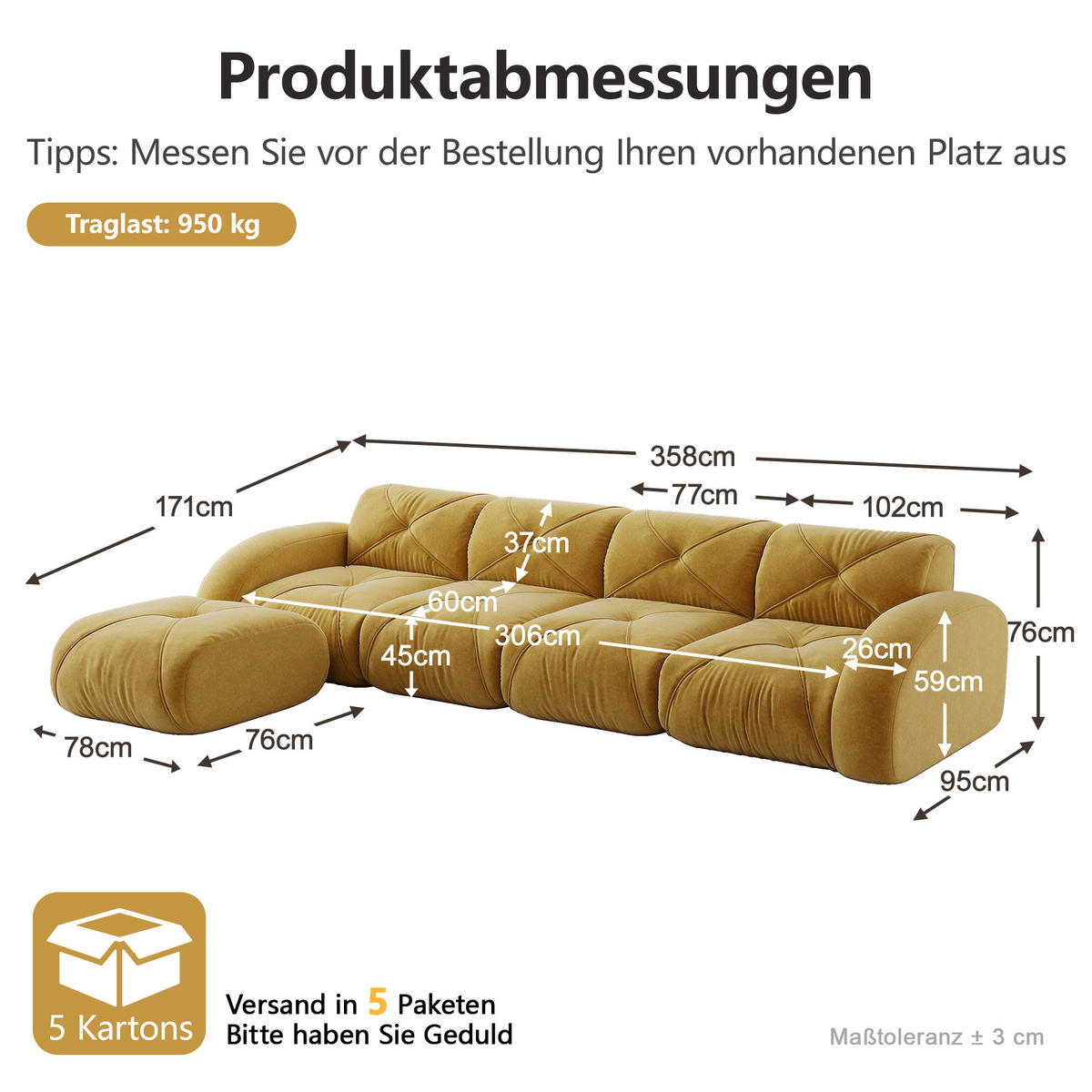 ECKSOFA 358/171/76 cm Gelb Chenille mit 1 Fußhocker, rutschfeste Unterseite - Gelb, Textil (358/171cm) - Oxeza