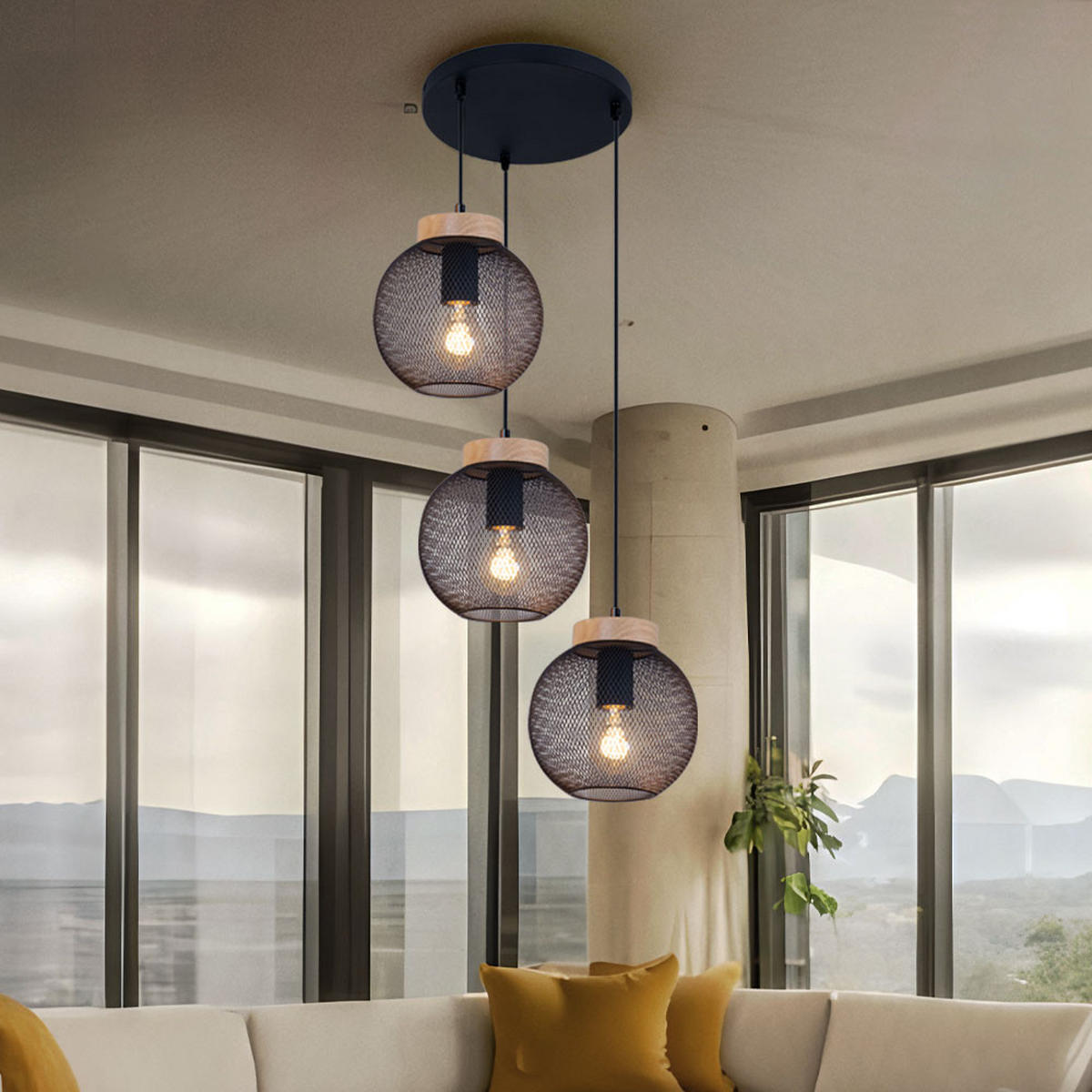 HÄNGELEUCHTE Metall Drahtgeflecht Schwarz - Schwarz, Holz (44/44/120cm) - Globo Lighting