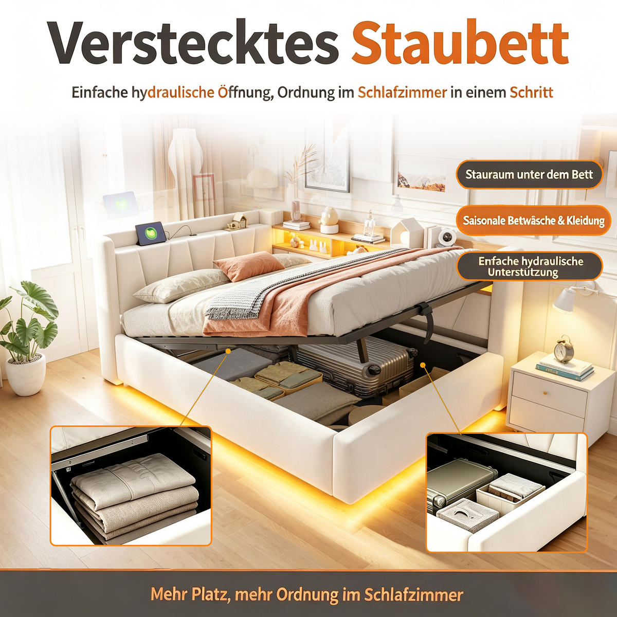 BOXBETT 140/200 mit LED/Regal/USB/Bettkasten, Samt, Beige - Beige, Holz (140/200cm) - LVHOM