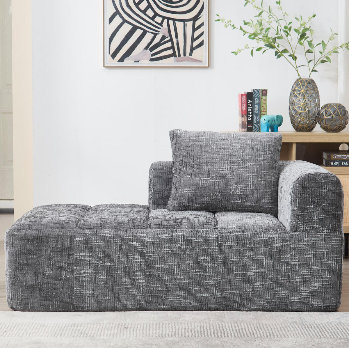 SOFA s ležaljkom, 158/90/60 cm, ženil siva, s bočnim džepovima i jastukom - siva, tekstil (60/158/90cm) - BEAOK