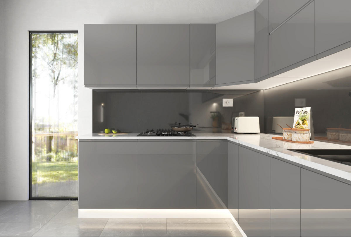 ECKKÜCHE 330 x 210 cm - Velmora KÜ-AS-001 - in Grau / Hochglanz - Grau, Holz (540/212/58cm) - ROYAL24_MARKT