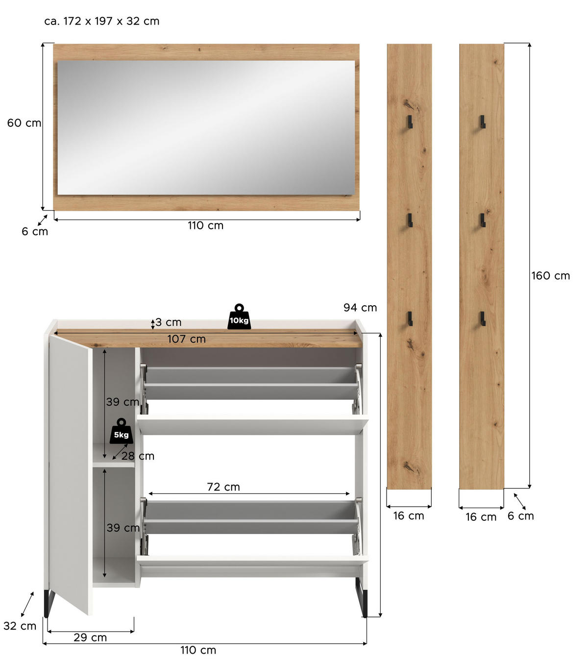 GARDEROBEN-SET DRIVE 4-tlg. (B/H/T: ca. 172/192/32 cm) in Weiß/weiß - Weiß, Holzwerkstoff (172/192/32cm)