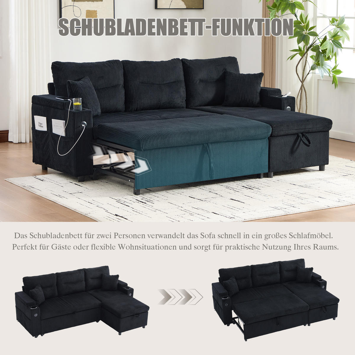 3-SITZER Eckschlafsofa Cord mit Stauraum und USB-Anschluss Schwarz 212,5/136/86 cm - Schwarz, Textil (136/212.5cm) - Redom