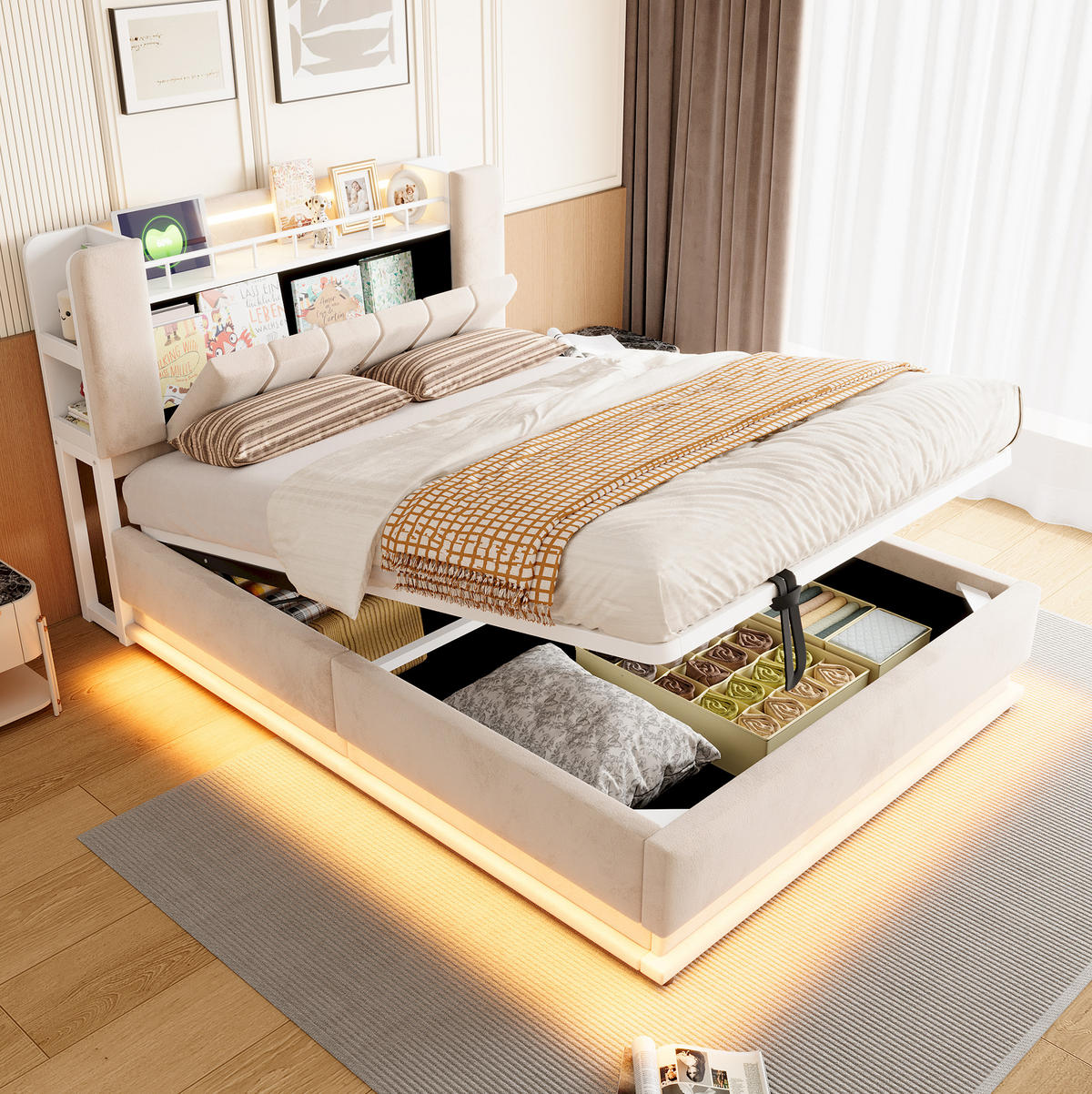 POLSTERBETT 140/200 cm in Beige mit LED-Beleuchtung und Stauraum - Beige, Textil (140/200cm) - Flora Grace