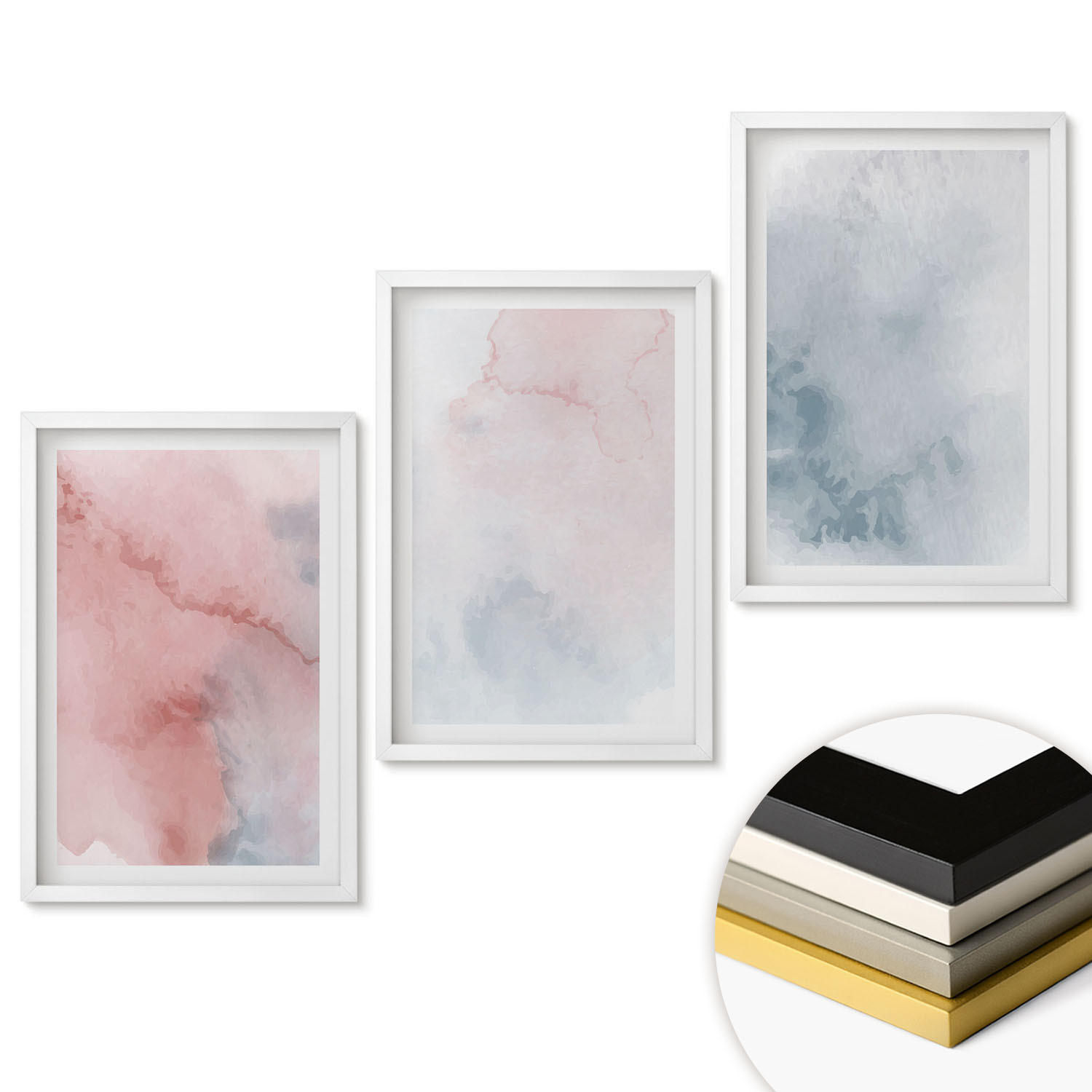 WANDBILDER 3er-Set - 40x60 cm Weißer Rahmen - Pastellfarben auf Leinwand - Weiß, Kunststoff (40/60cm) - ArtPrintCave